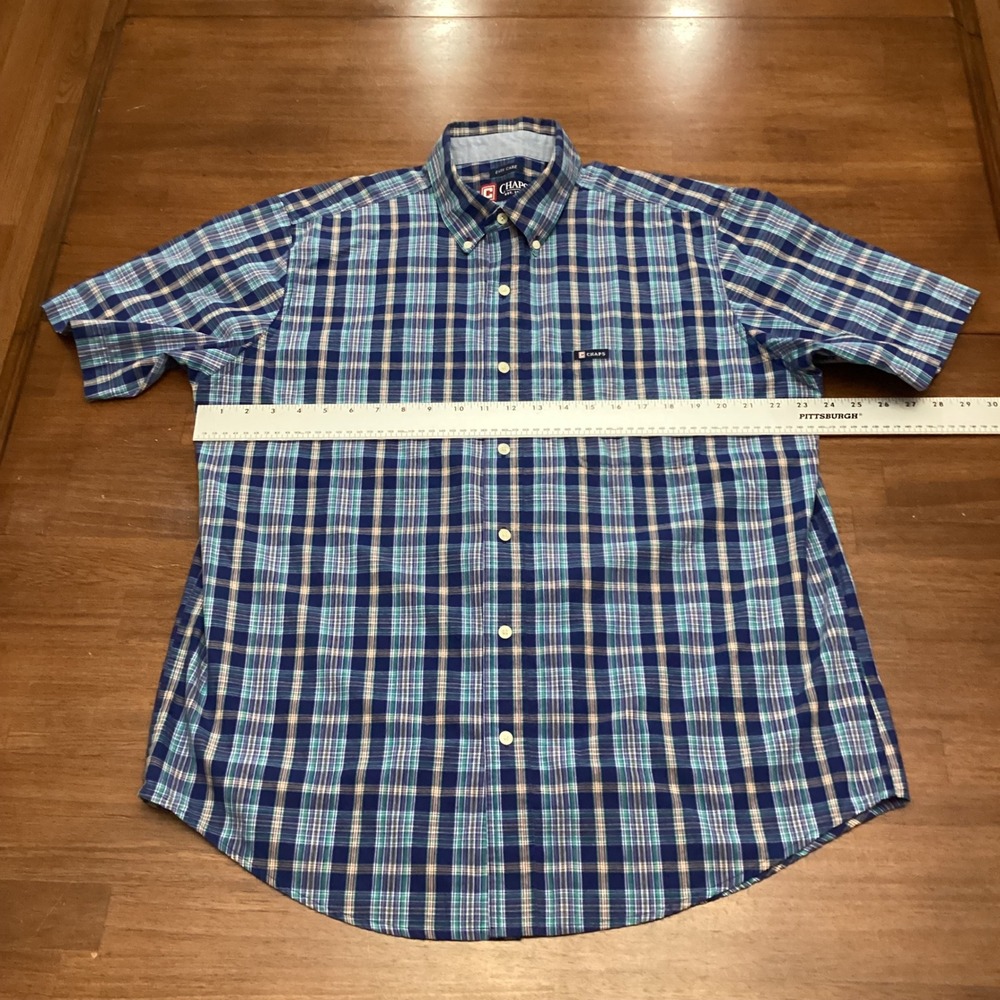 Chaps Mens Large Blue Green Plaid Easy Care Short Sleeve Button Down Shirt L - Picture 4 of 6